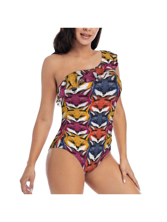 Picia Fox Face Pattern Women's One Piece Swimsuits,One Shoulder Swimwear Asymmetric ,Ruffle Monokinis Bathing Suits,High Waisted Flattering Bathing Suits-Small
