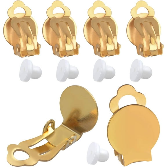 Clip-on Earring Findings, 20pcs (10 Pairs) Round Flat Tray Earring Clips Blank Earring Setting Components with 20pcs Earring Pads for Non-Pierced Ears DIY Earring Making -Gold