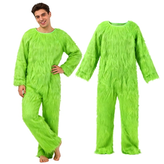 GOBWCOT Adult Green Furry Jumpsuit, Onesie Pajamas Outfits for Christmas Halloween Party Cosplay Dress-Up