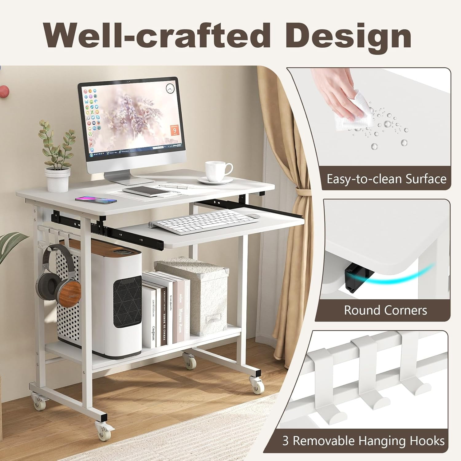 CHTER Rolling Computer Desk Cart with Keyboard Tray, Mobile Portable Laptop PC Desk with CPU Stand & 3 Hooks for Sofa & Bed, Compact Small Desk on Wheels for Small Spaces (White)