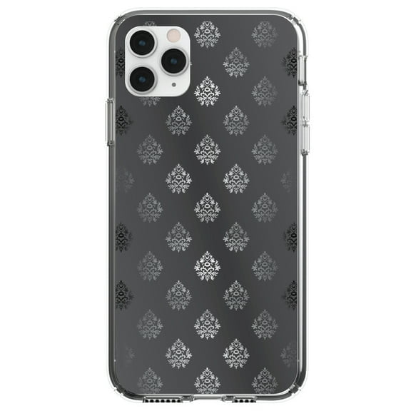 DistinctInk Clear Shockproof Hybrid Case for iPhone 11 (6.1" Screen) - TPU Bumper, Acrylic Back, Tempered Glass Screen Protector - Silver Grey Black White Damask - Floral Damask Pattern