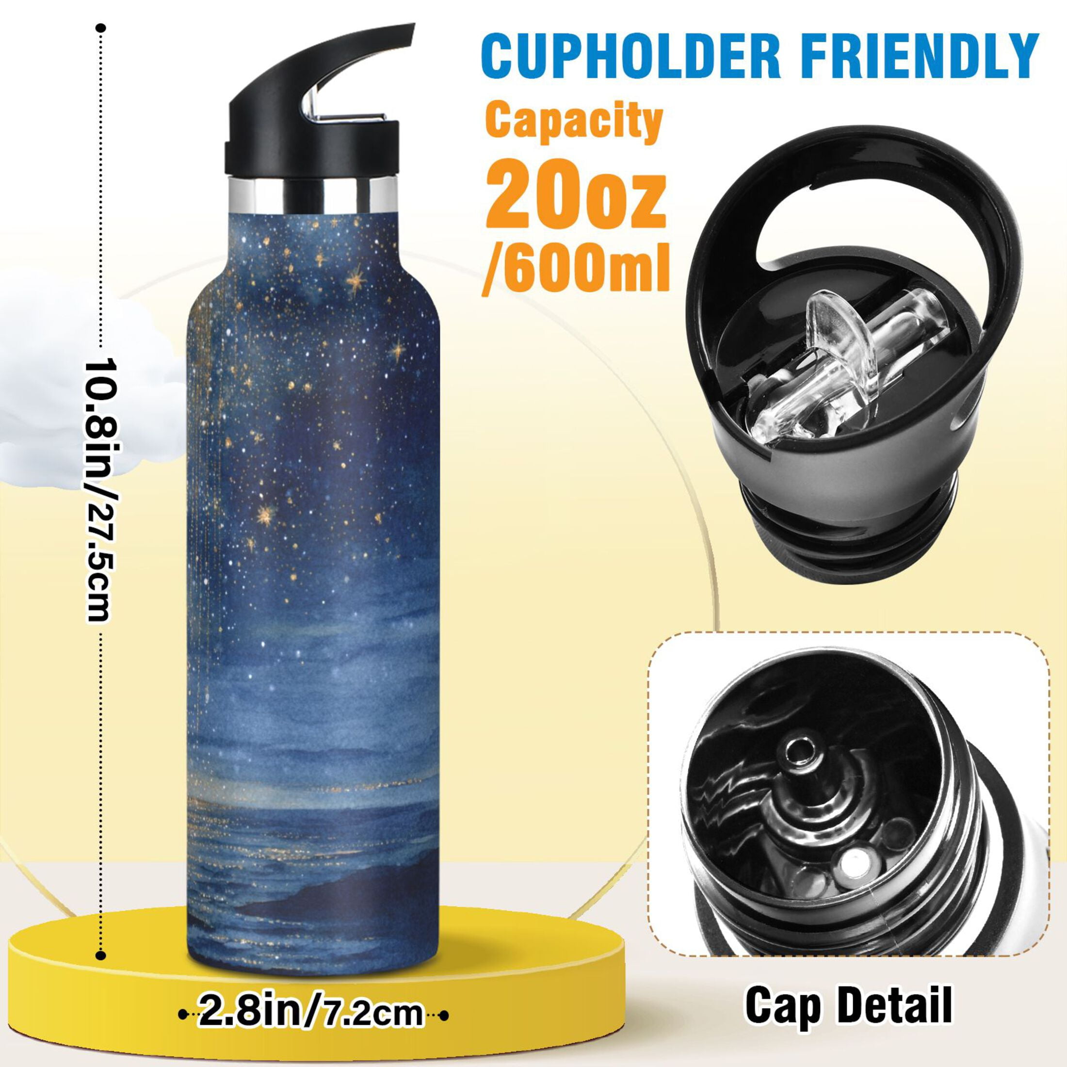 600ML Stainless Steel Insulated Cup Sports Water Bottle Portable Thermos Cup Water Glasses Insulated Tumblers Convenient and Durable Meteor Sea