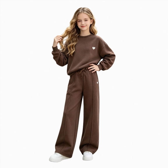 mgoYE Kids Tween Girls Clothes Tracksuit Set Sweatshirt & Wide Leg Pants Solid Color Casual Outfit 11-12 Years