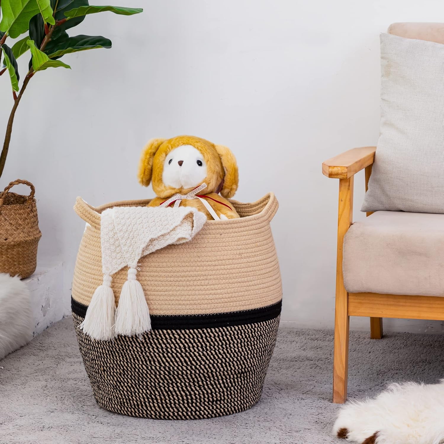 BTEPSGA Woven Baskets for Storage(17"x17"),Large Cotton Rope Basket Woven Baby Laundry Hamper,Collapsible Laundry Basket, Blanket Basket for Organizing Living Room,Nursery,Pillows,Toy Chest
