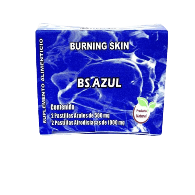2 pastillas vigorizantes bs azul hombre natural 1 pieza caja frontal centrada con fondo recortado; paquete azul con vetas blancas, marca Burning Skin y texto grande "BS AZUL"; indica contenido: 2 pastillas de 500 mg y 2 pastillas afrodisíacas de 1000 mg y sello "Producto Natural"; conservar en lugar fresco y fuera del alcance de niños; según especificaciones se sugiere tomar 1 h antes de la relación y a menudo se usa para mejorar el rendimiento sexual.