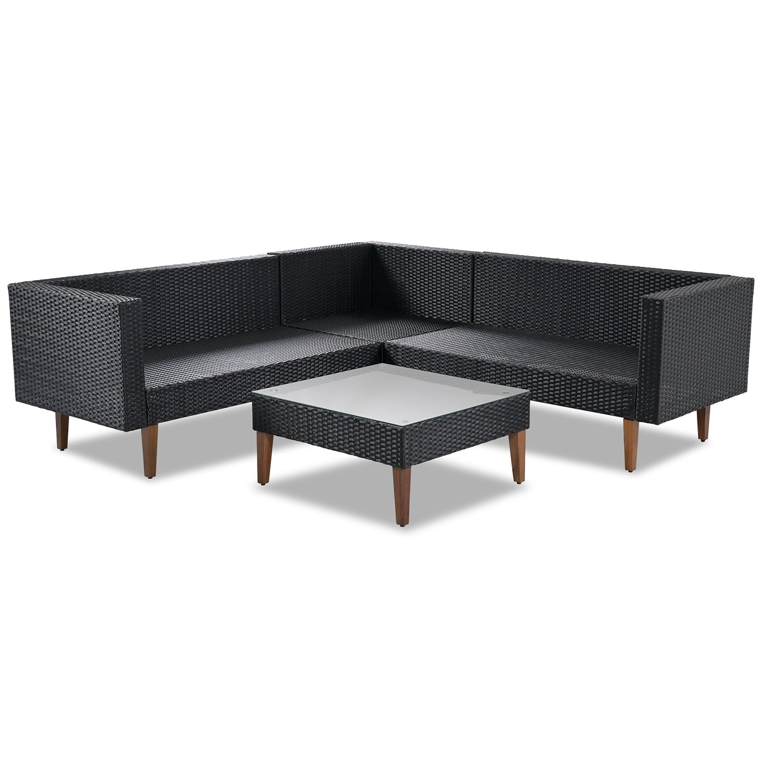 Kadyn 4-pieces Outdoor Wicker Sofa Set, Wicker Patio Furniture with Colorful Pillows, Modern L-shape sofa set for Garden, Black+ Gray Kadyn 4-pieces Outdoor Wicker Sofa Set, Wicker Patio Furniture with Colorful Pillows, Modern L-shape sofa set for Garden, Black+ Gray