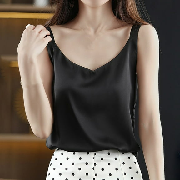 Womens Tank Tops under $5 2025 Satin V-neck Solid Color Tank Camisole Undershirt Black S