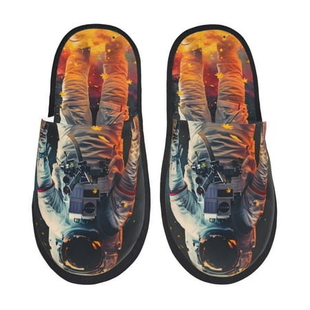Balery Astronaut Cosmic Rainbow Slient Indoor Furry Fleece Comfort House Shoes Soft Non-Slip Home Shoes Cotton slippers House Slippers-- Medium