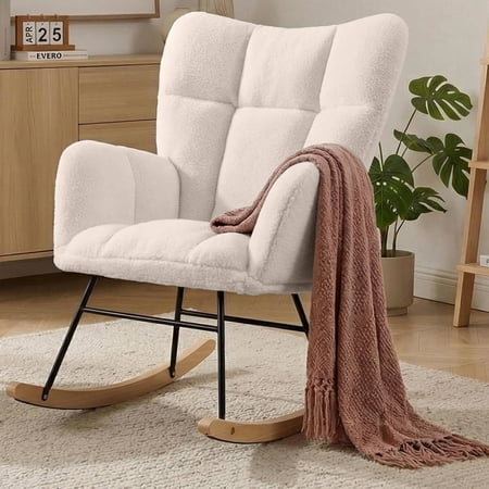 Upholstered Glider Rocking Chair with Thick Cushion and Wood Legs, Cozy Armchair for Nursery or Living Room