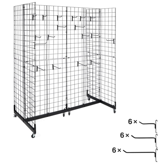 Lineslife 5x 2 Portable Grid Panel Tower, 4-Way Floor standing Wire Grid Tower with Base and Locking Casters, Grid Wall Display Rack with 18 Hooks for Home Retail Trade Show Arts Craft Fair, Black