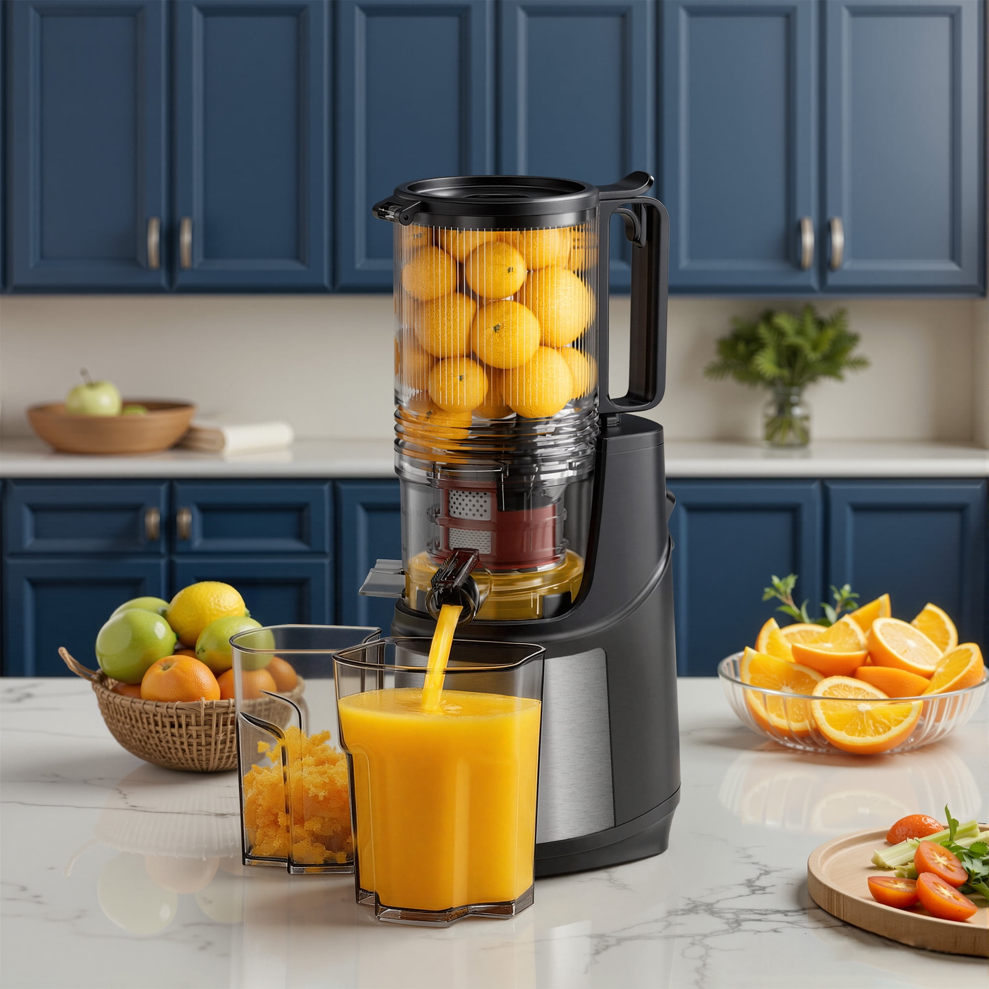 SIMZLIFE Cold Press Juicer, 5.1" Whole Feed Chute Masticating Juicer Machine, 150W 55 RPM Slow Juice Extractor with 99% High Yield & Double-Layer Filter, Easy to Clean, BPA-Free
