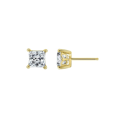 GEMOUR Yellow Gold Plated Sterling Silver 1 ct Princess Cut Cubic Zirconia Stud Earrings