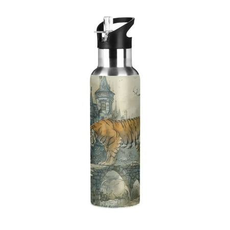 

ALAZA A Tiger on Bridge Water Bottle Insulated Flask Stainless Steel Straw Lid 20 oz