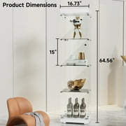 Single Glass Door 65.4 Glass Display Cabinet with Metal Lock, 5mm Tempered 4-Shelf Glass Curio Cabinets, Floor Mount Bookshelf Display Case Trophy Case for Living Room Bedroom Kitchen, Upgraded White