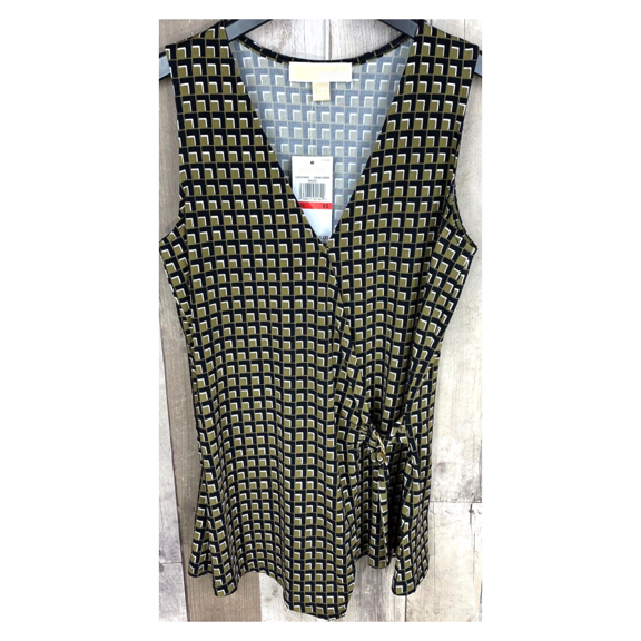 $98 Michael Kors Women's Printed Wrap Geometric Sleeveless Top, Safari Green, XS