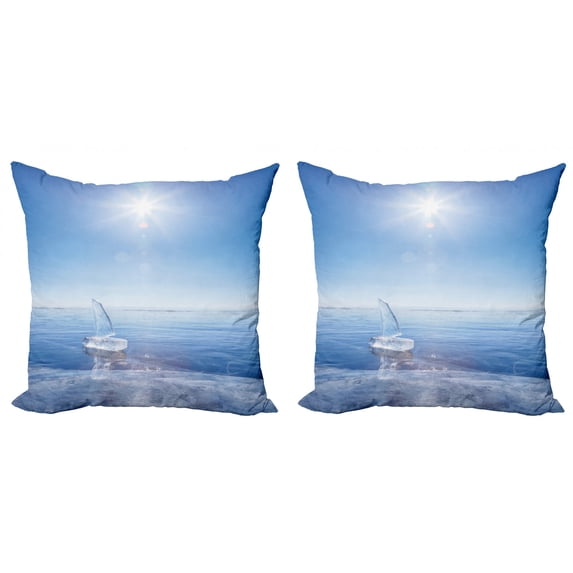 Ambesonne Winter Throw Pillow Cover 2 Pack, Icy Boat Sunny Weather, 24", Blue White