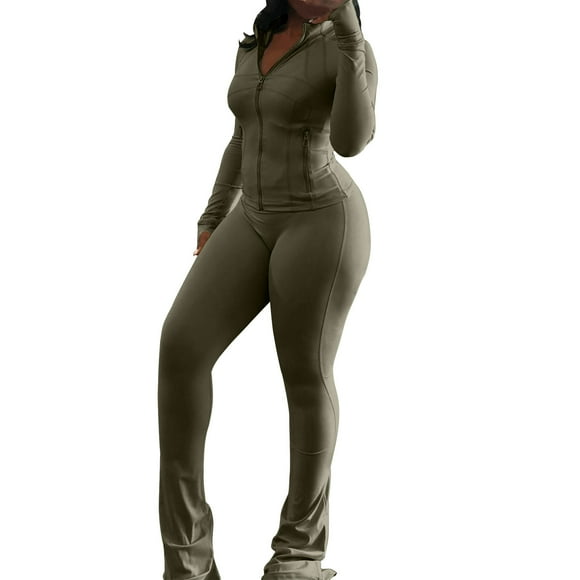 Lovzfmll Workout Sets for Women, 2 Piece Zip-Up Jacket and Micro Flared Pants Set with Zipper Pockets, Athletic Outfits Matching Sets Clothing