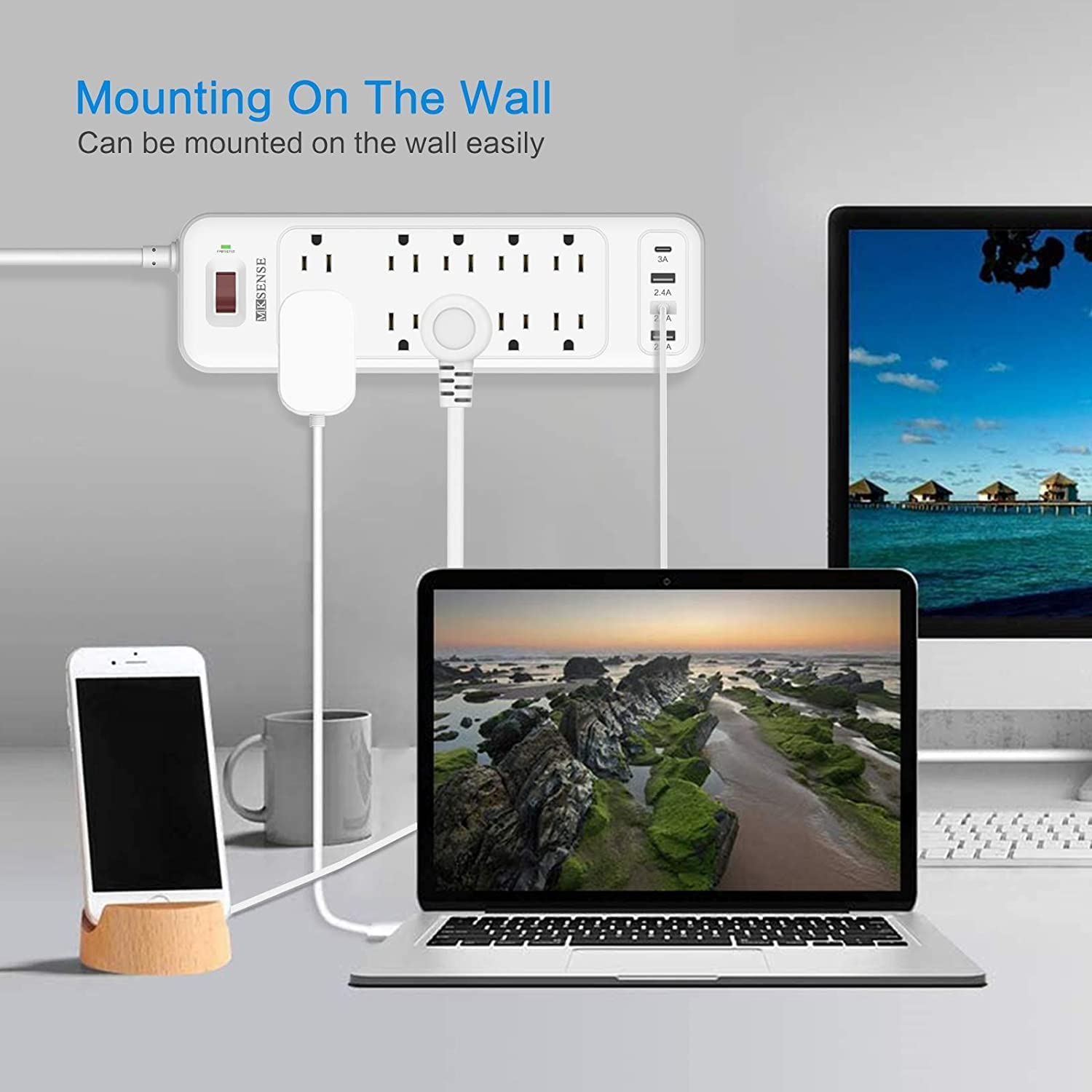 Power Strip, Surge Protector with 10 Outlets and 3 USB Ports (5V/2.4A) & 1 USB-C Port (5V/3A), 1875W/15A, 3600 Joules, Flat Plug, Spaced Outlets with 6ft Extension Cord for Home Office - White
