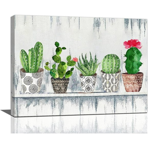 Bathroom Botanical Plant Wall Art Country Green Cactus Canvas Prints Painting Farmhouse Bathroom Decor Pictures Framed Boho Artwork Office Home Decorations for Bedroom Bathroom 16"x12"
