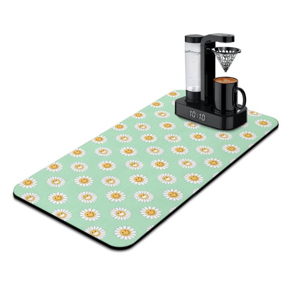 Washable Rubber Daisy Cute Floral Dish Drying Mats for Kitchen Counter Home Large Coffee Bar Pad Accessories and Decor for Utensils Stemware 17''x31.5''
