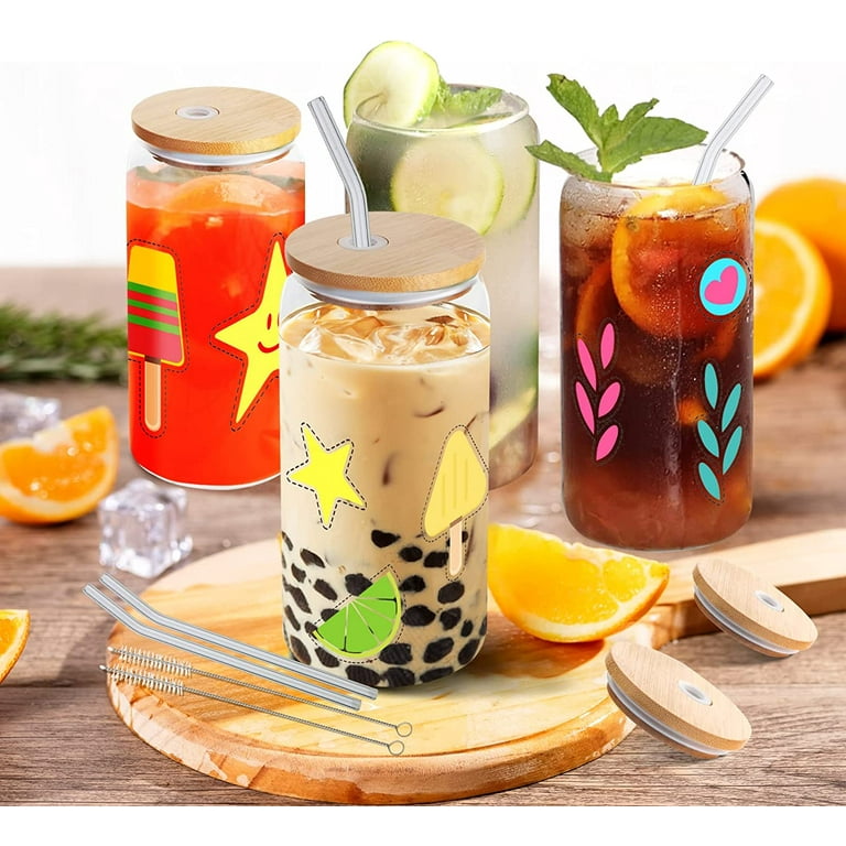 4 Pcs Drinking Glasses, 16oz Can Shaped Glass Cups with Bamboo