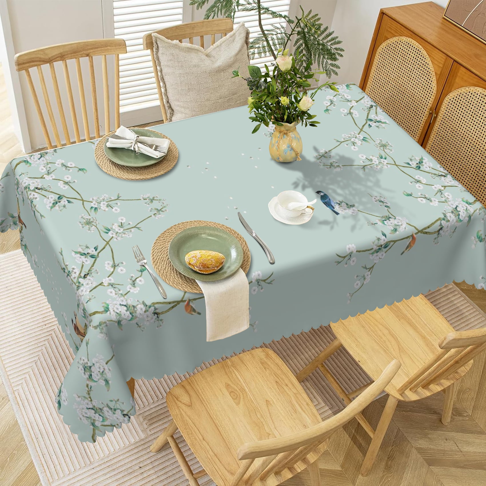 MIZHONA Retro Penoy Floral Tablecloth Rectangle,Butterfly Beige Table Cloth for Kitchen Dinner Decor,60"x102"