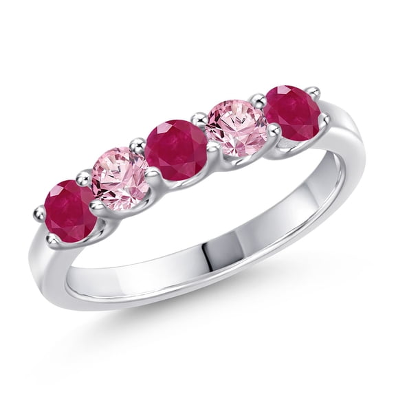 Gem Stone King 925 Sterling Silver Red Ruby and Pink Lab Grown Diamond Wedding-Bands Ring for Women | 1.11 Cttw | Round 3.5MM | Gemstone July Birthstone | Size 5