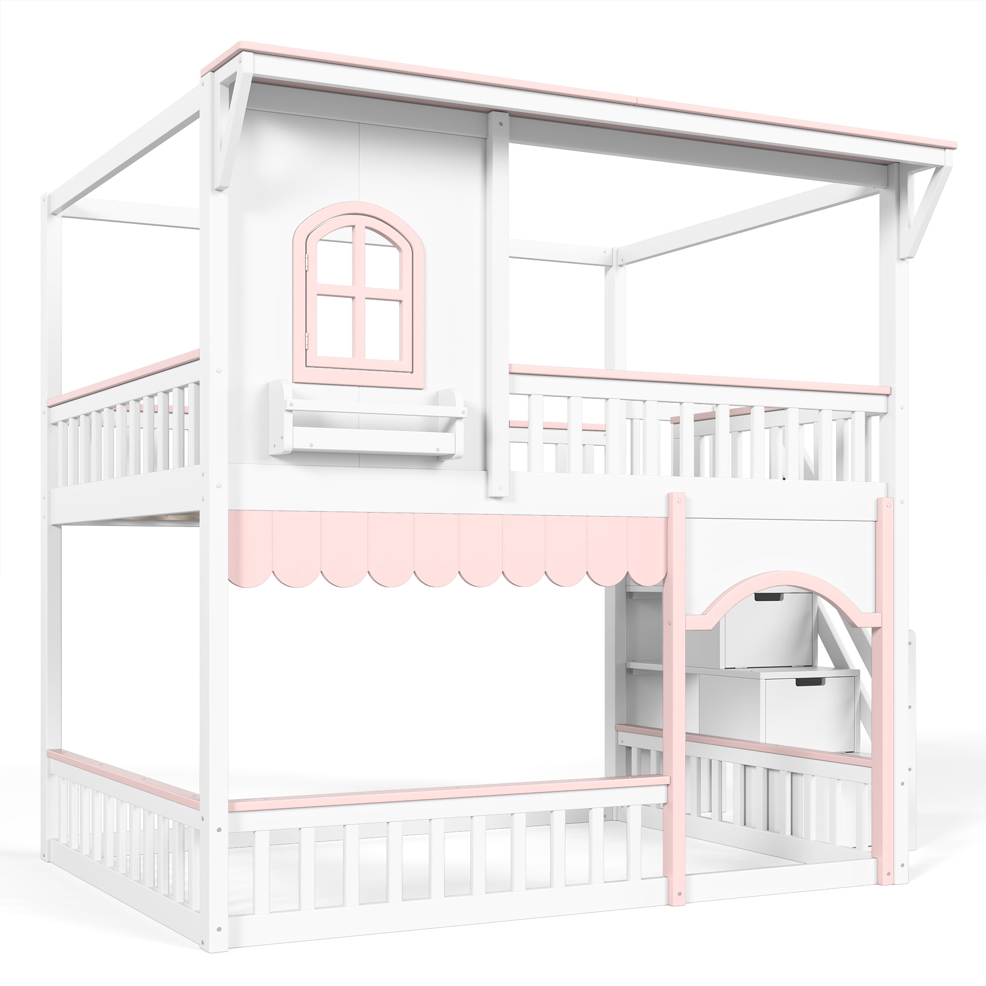 HOQBN Full over Full House Bunk Bed with Storage Stairs, House Bunk Bed with Window & Side Bookshelf, Solid Wood Bed Frame with Play Designed, Convertible Lower Space for Sleep or Play, White+Pink
