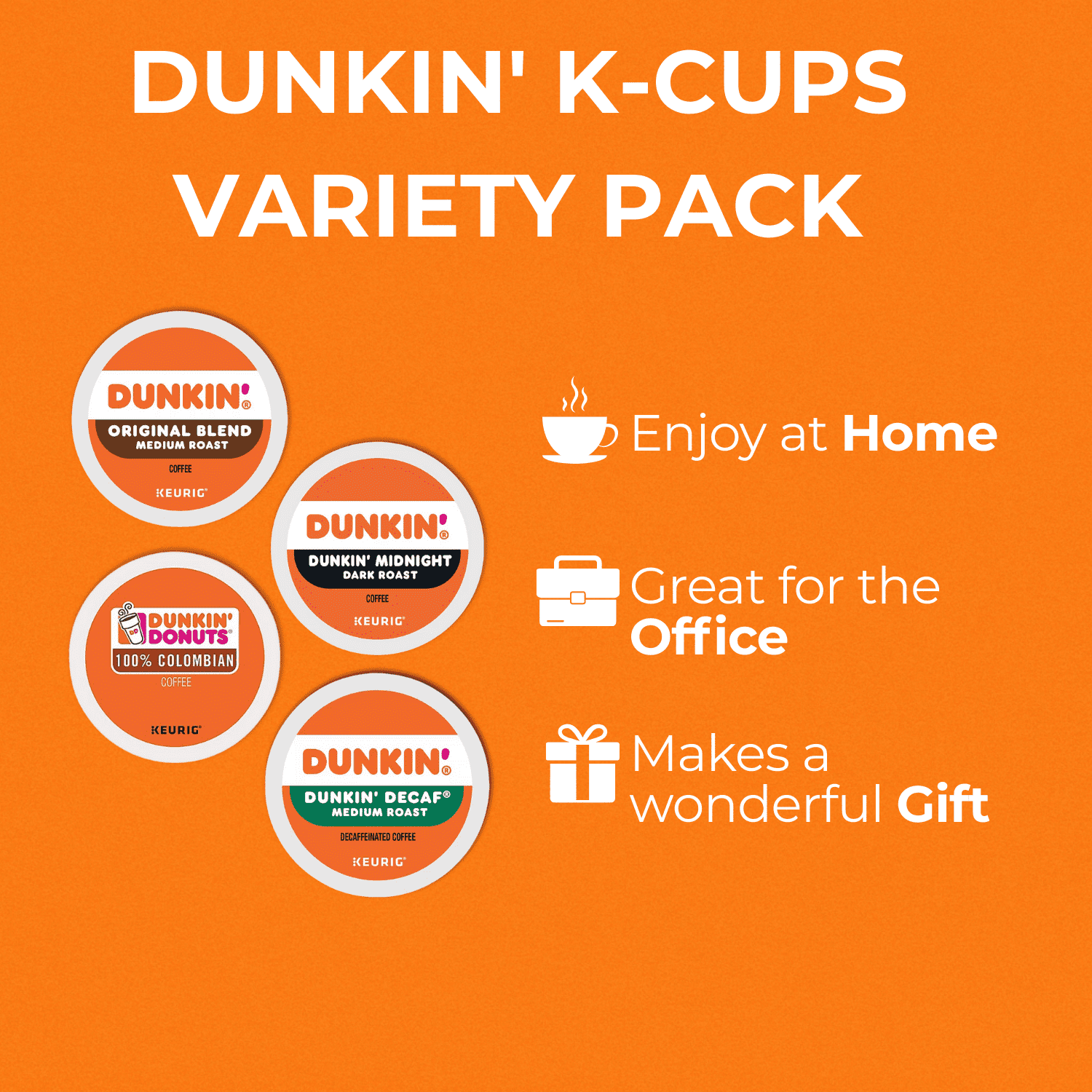 Dunkin K-Cups 28-Count Variety Box: Original, Colombian, Dark Roast, Decaf - Keurig Coffee Pods Assortment with Recipe eBook