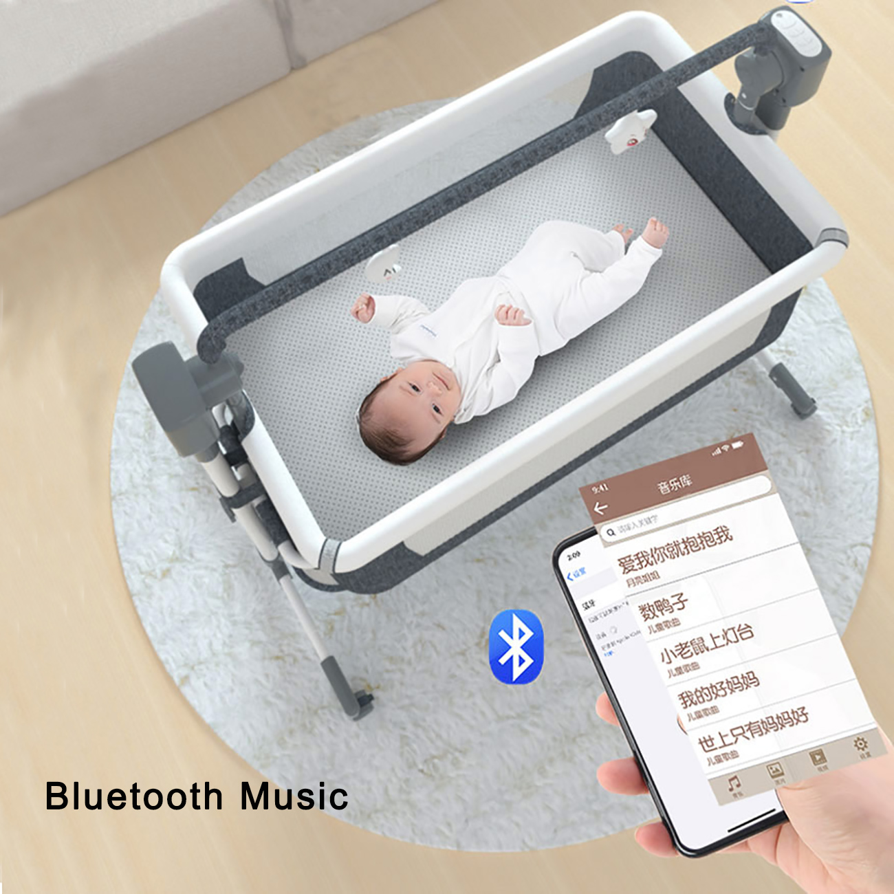 Newborn Cribs with Bluetooth Music Infant Bedside Bed Electric Rocking Baby Bed with Height Adjustable - image 4 of 10