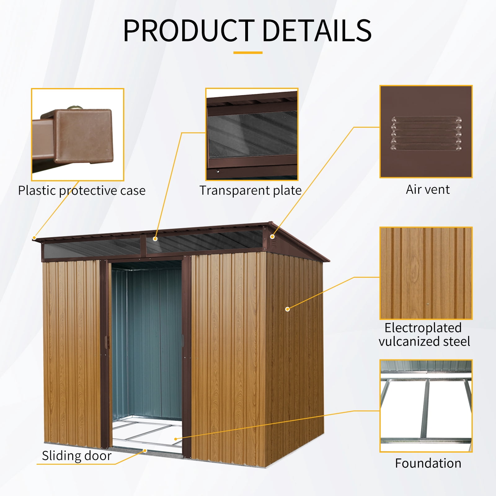 Kosynda 8' x 6' Outdoor Metal Storage Shed with Lockable Sliding Doors, Waterproof Metal Tool Storage House with Transparent Plate for Garden, Lawn, Backyard (Brown)