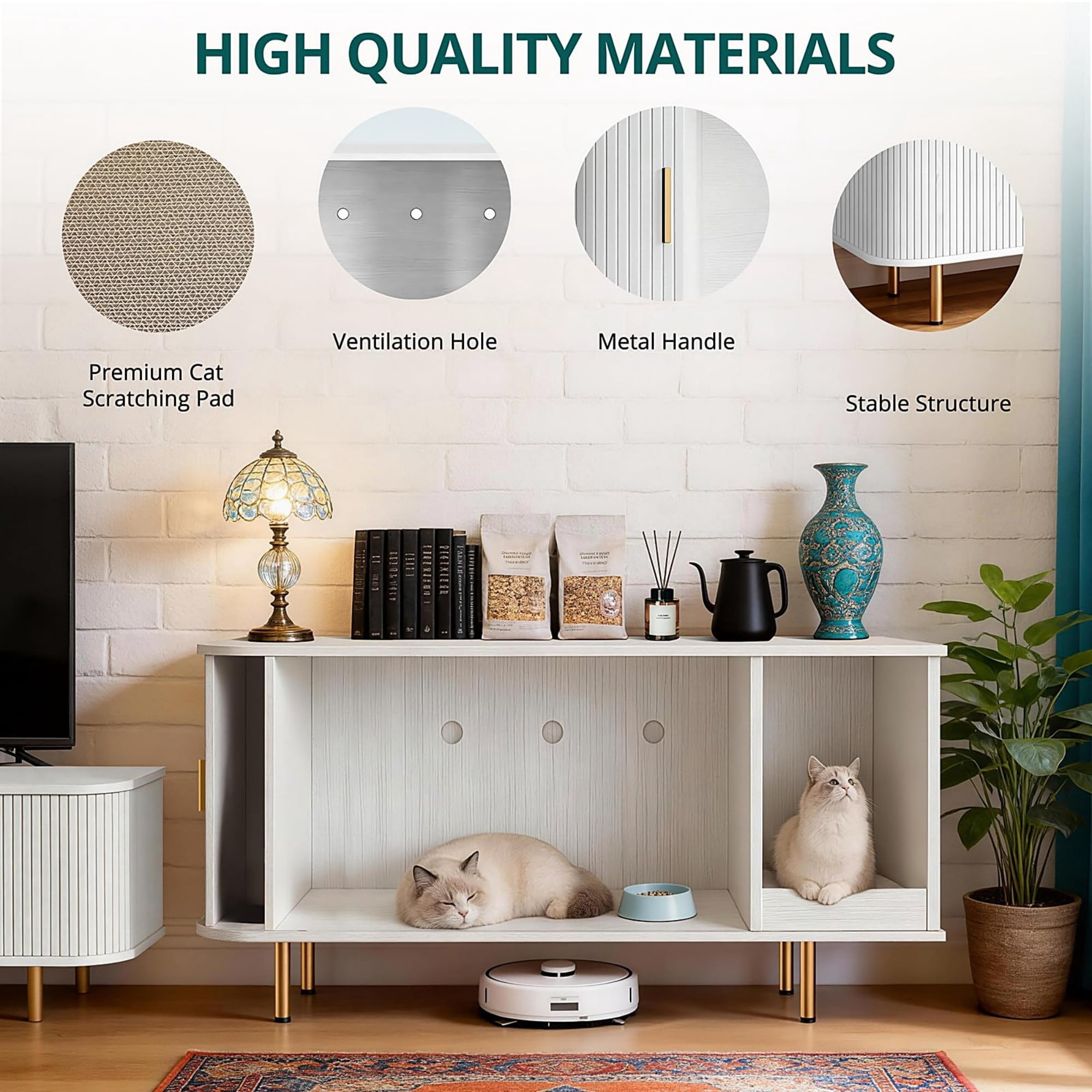 Cat Litter Box Enclosure Furniture with Sliding Door, Hidden Cat House Cabinet with Scratch Pad, Modern TV Stand Side Table, White