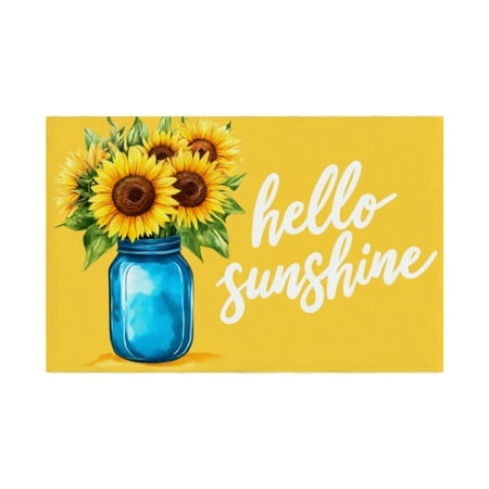 

AshasdS Blue Mason Jar with Sunflowers Hello Sunshine Linen Table Mats Set of 4 12x18 inch for Spring Summer Home Table Decor