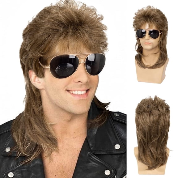 Phocas Mens Wig with Brown for Men Mullet Wigs with Bangs 70s 80s Male Wig