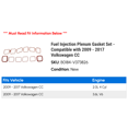 thumbnail image 2 of Fuel Injection Plenum Gasket Set - Compatible with 2009 - 2017 Volkswagen CC 2010 2011 2012 2013 2014 2015 2016, 2 of 2