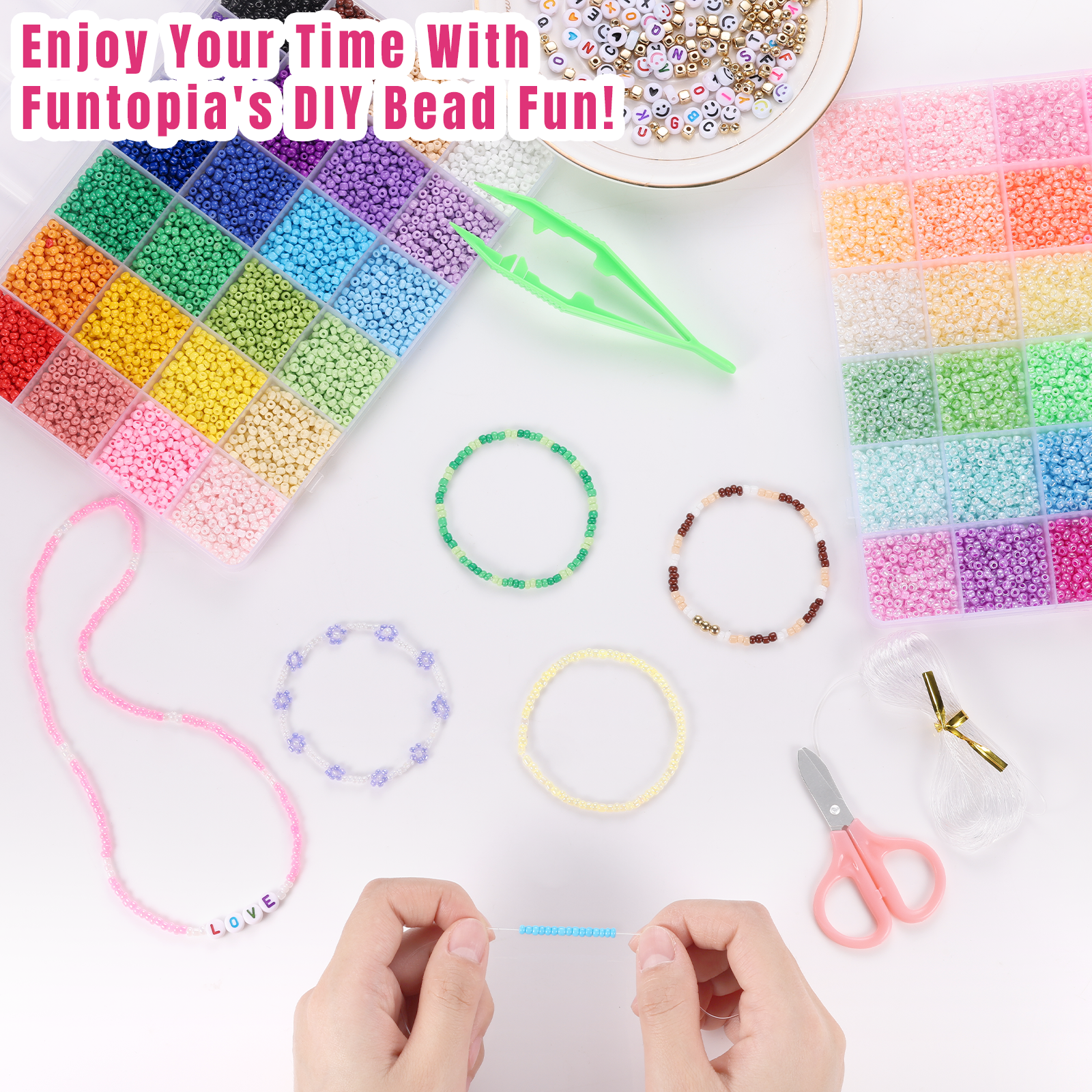 Funtopia Seed Beads Kit, 120 Colors, 34000pcs, Small Glass Beads, Alphabet Beads, 3mm