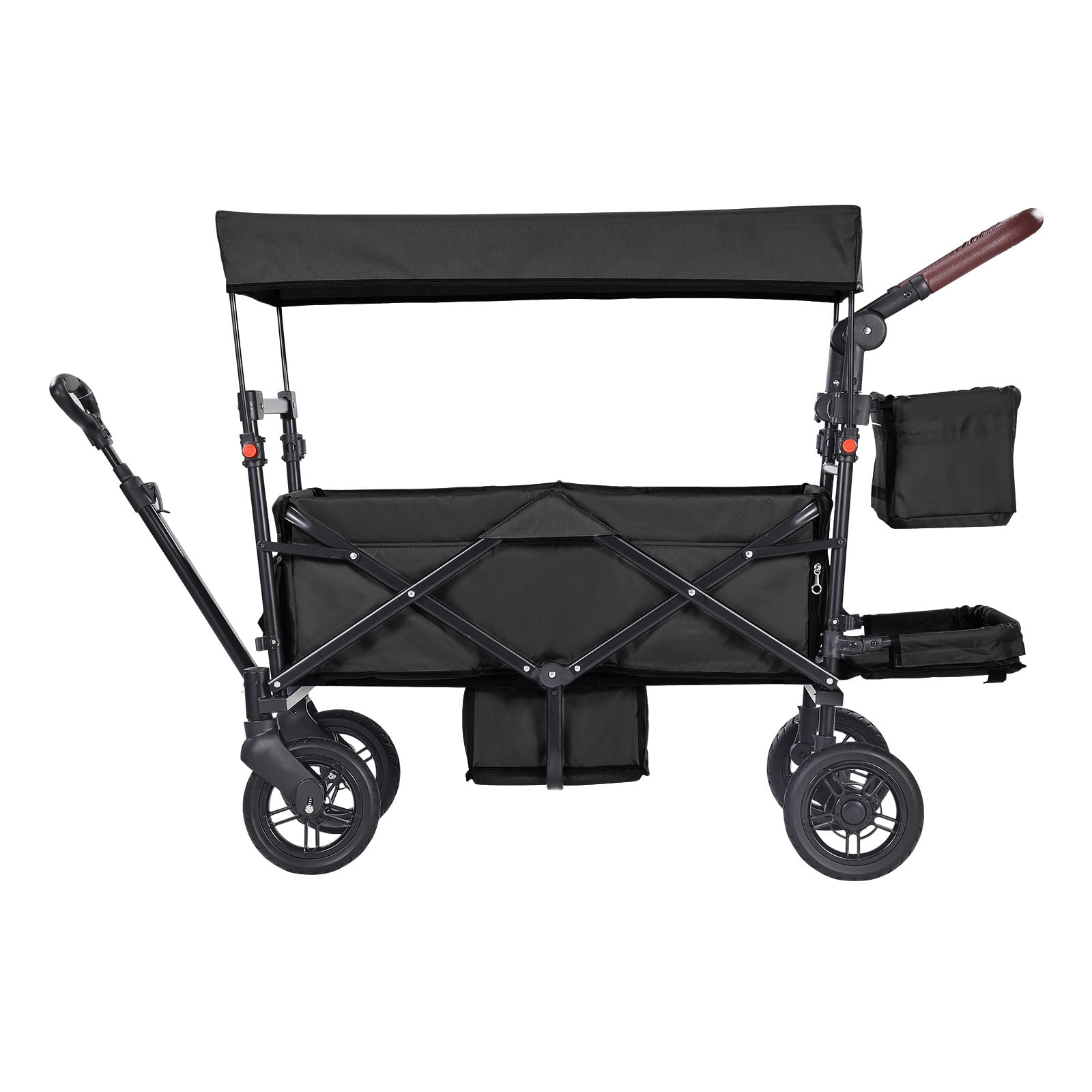 Wagon Stroller for 2 Kids, Push Pull Quad Collapsible Stroller with Adjustable Handle, Encircling Harness Removable Canopy, 4 Wheels with Brakes, Mutifunction Tandem Stroller for Camping Black