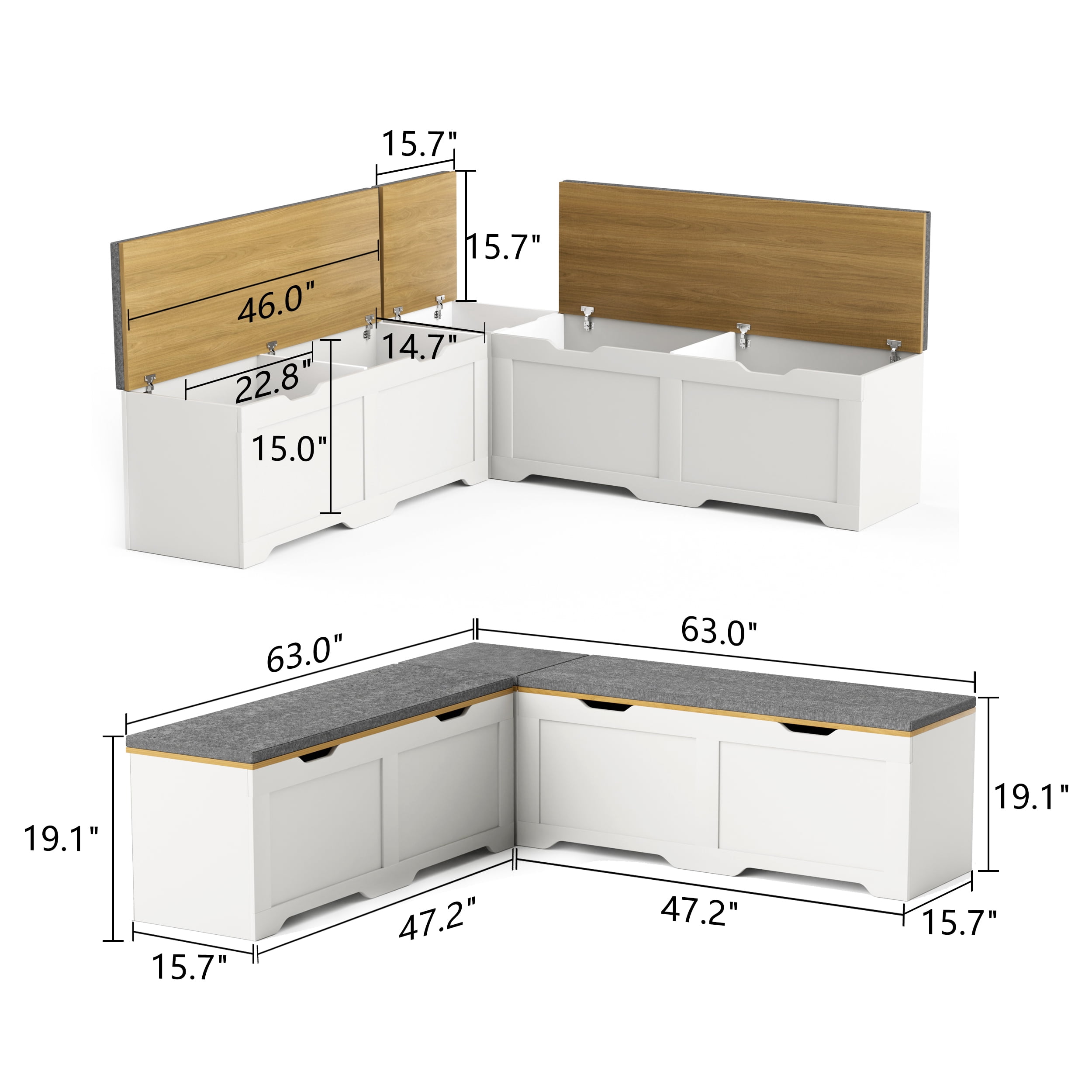 L-Shaped Storage Bench with Cushion, White and Natural, 63"D x 63"W x 19.1"H