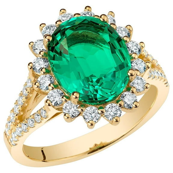 PEORA 4.25 Carats Created Colombian Emerald Lab Grown Diamond Ring in 14K Yellow Gold, Oval Shape, Size 8.5