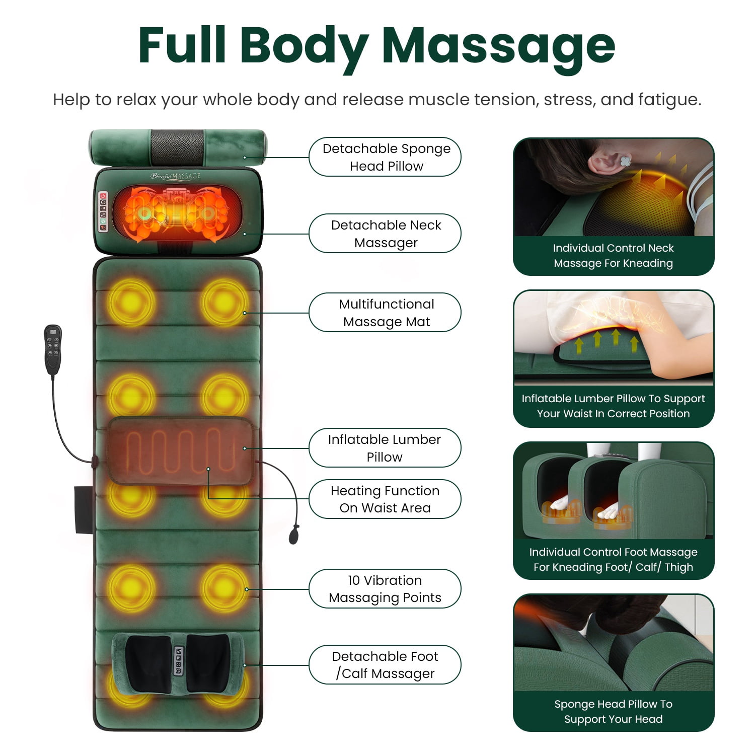 Full Body Electric Massage Mat with Detachable Neck & Foot Kneading Units, Inflatable Lumbar Pillow Heating Function 10 Vibration Points Multi Modes Timer Anti-Slip Base Foldable with Storage Bag
