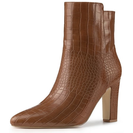 

Unique Bargains Women s Crocodile Pointed Toe Chunky High Heels Ankle Boots