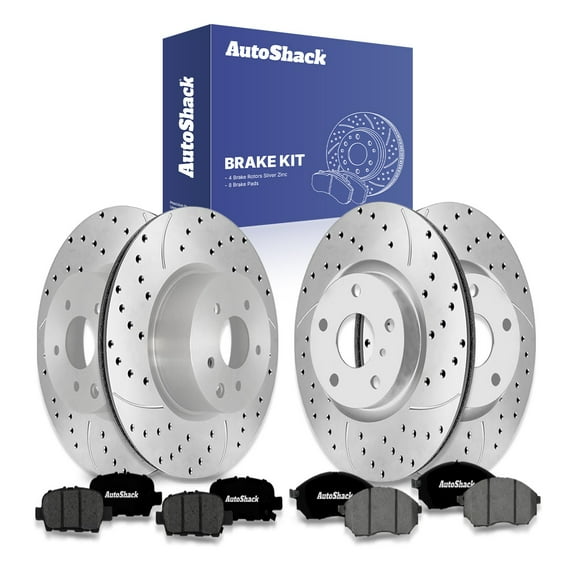 AutoShack Front Vented & Rear Vented Drilled & Slotted Silver Zinc Coated Brake Rotors   Premium Ceramic Pads 12-PC Brake Kit Replacement for 2007-2008 INFINITI G35 2009 Nissan 370Z SilverShield Pro