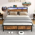 Industrial Queen Bed Frame with LED Lights, 2 USB Ports, Storage Full