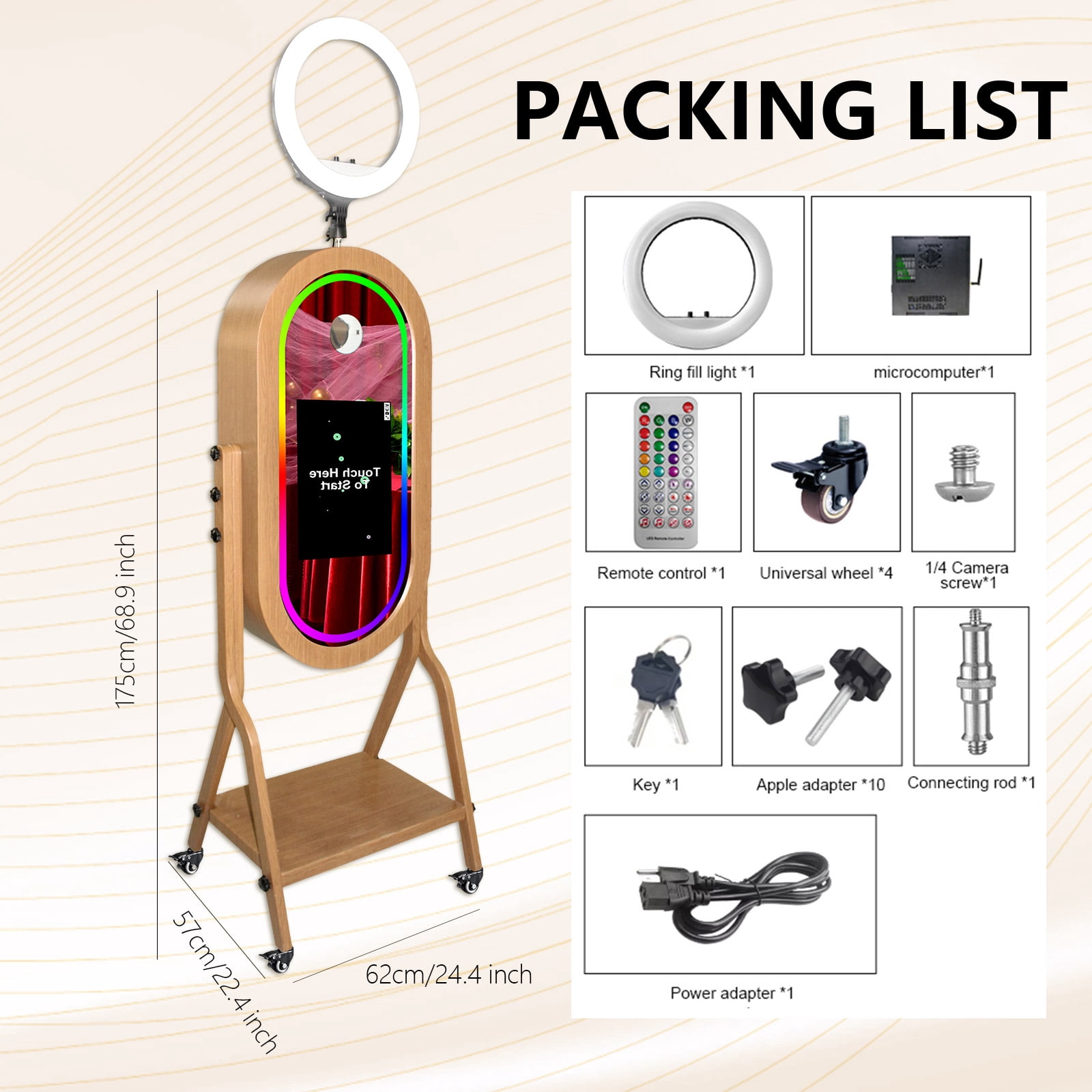 LivFiv Mirror Photobooth with Ring Light 21.5inch Touch Screen App Control RGB Light for Events