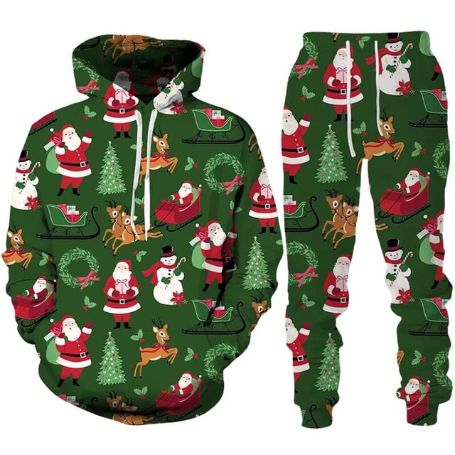 Conjunto de chándal de 2 piezas para hombre y mujer, ropa de Año Nuevo con estampado 3D de Navidad, sudaderas con capucha y pantalones, traje de fiesta de navidad