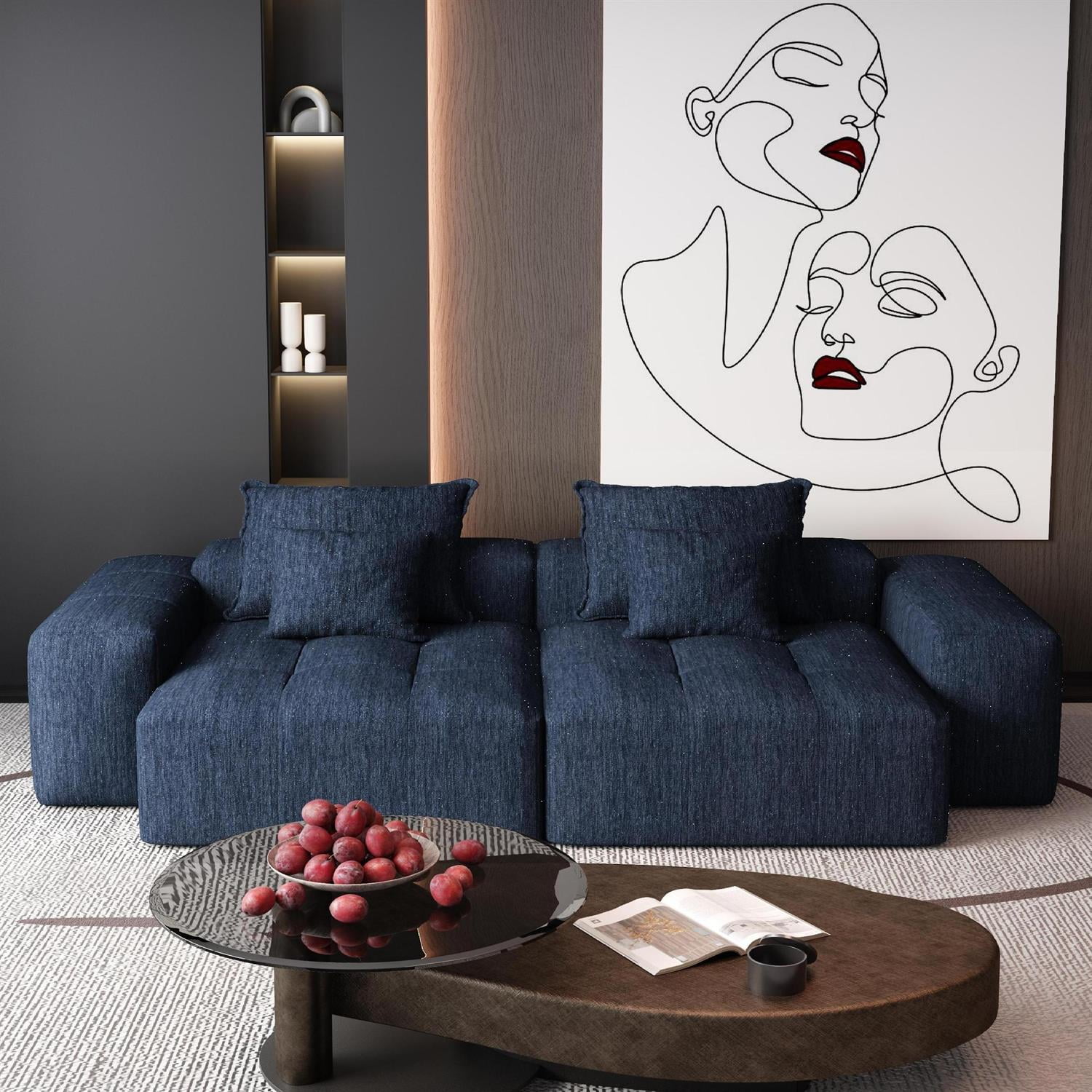 Demi Bonn 113" Modular Sectional Sofa with 2 Chaise Lounges & 4 Pillows Included, Chenille Fabric Soft Cushions Couch for Living Room, No Assembly Needed, Blue