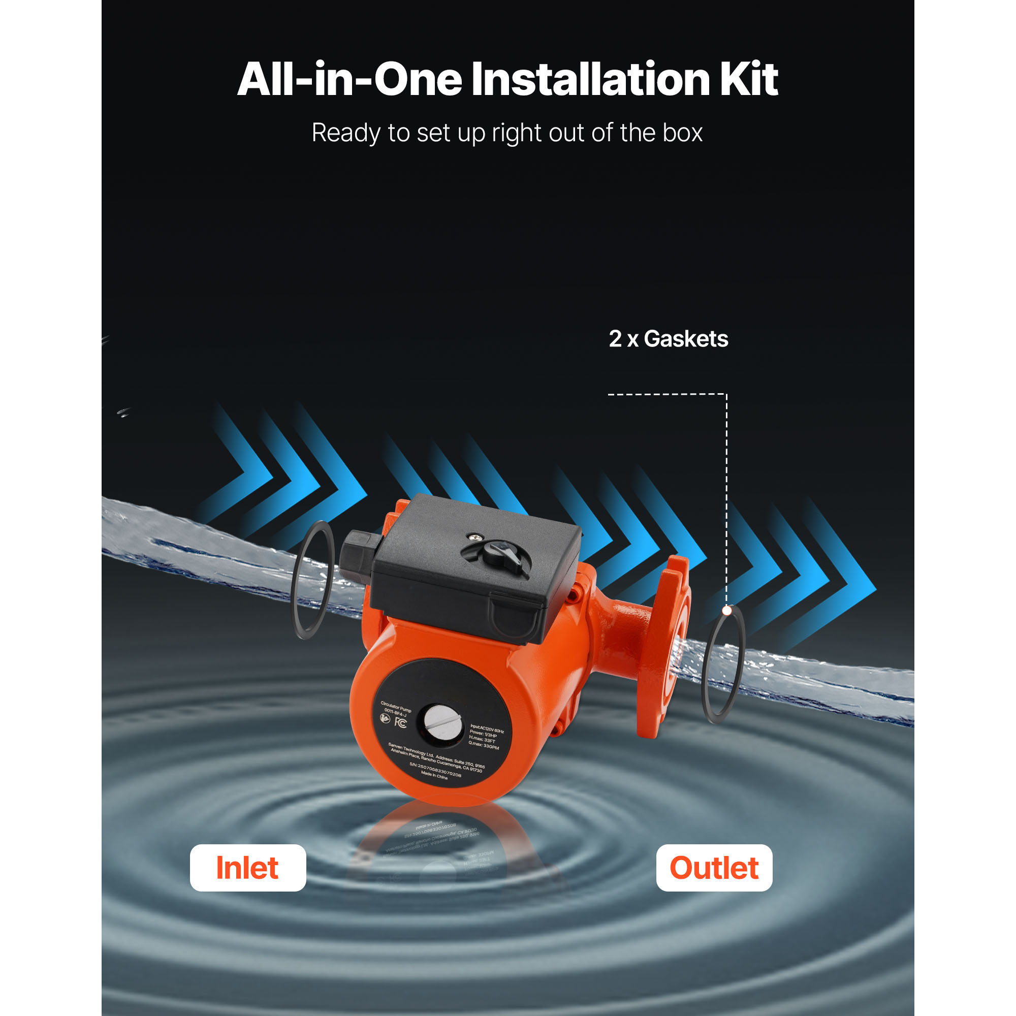 KFFKFF Cast Iron Circulator Pump, 33 GPM, AC 120V, 33 ft Hot Water Recirculation Pump, 1-1/4 in Flange Connection, 3-Speed Settings, Low-Noise Design, Suitable for Home Heating Systems