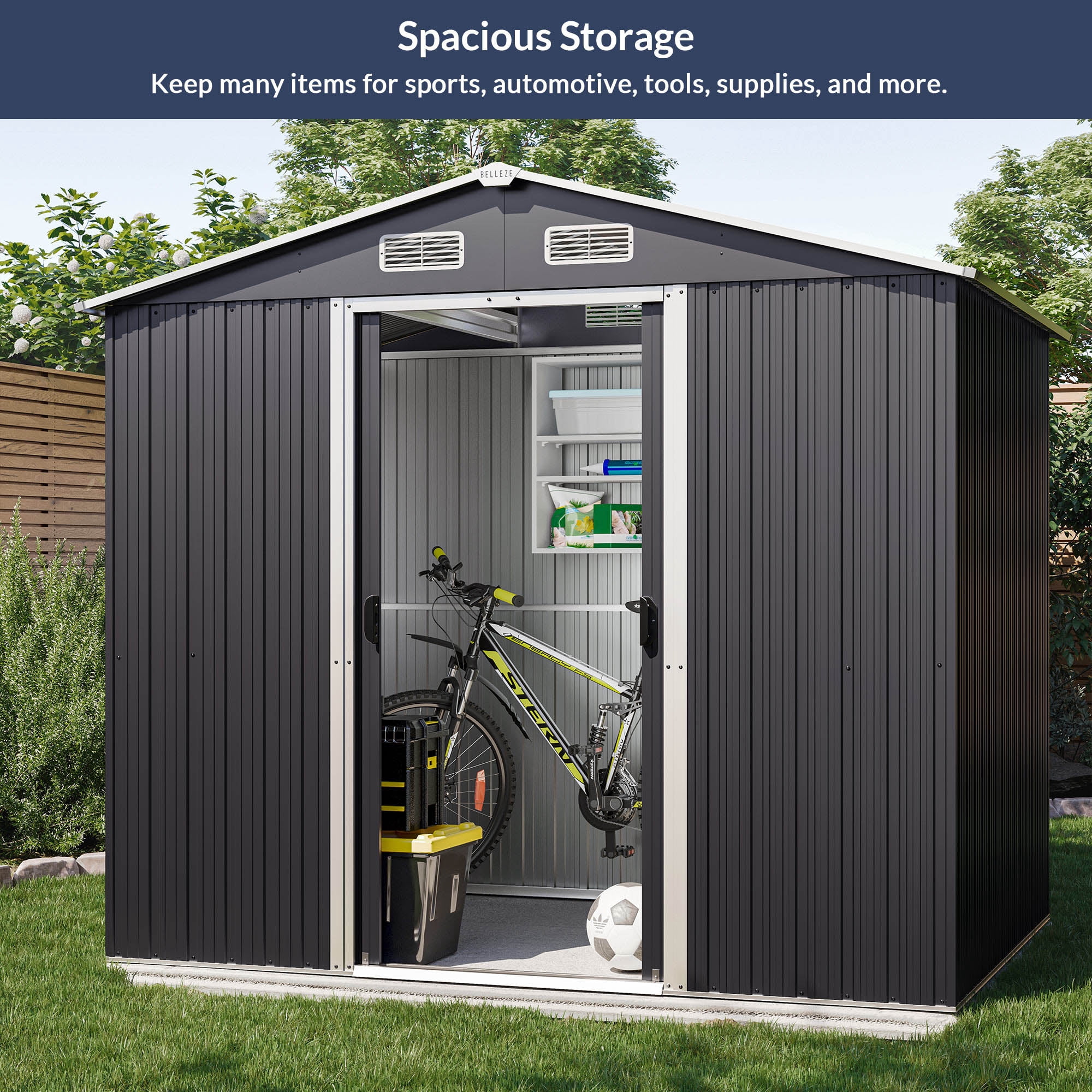 BELLEZE 8 x 6 FT Outdoor Storage Shed, Reinforced Garden Shed with Air Vent, Lockable Door, Weatherproof Metal Outside Storage Shed for Store Bike, Tools, Lawnmower, Outdoor Chairs in Backyard, Patio