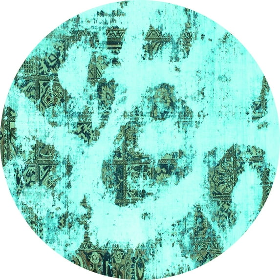 Ahgly Company Machine Washable Indoor Round Abstract Turquoise Blue Modern Area Rugs, 8' Round