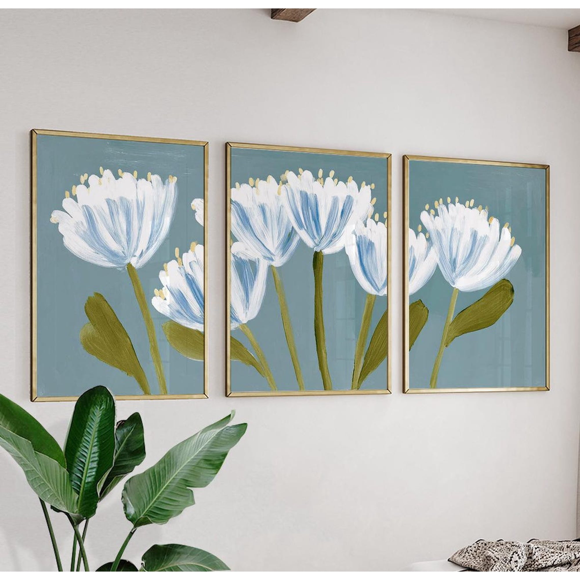 White Floral Blue Botanical Modern Painted Flower Wall Art Botanical Bedroom And Living Room Decor